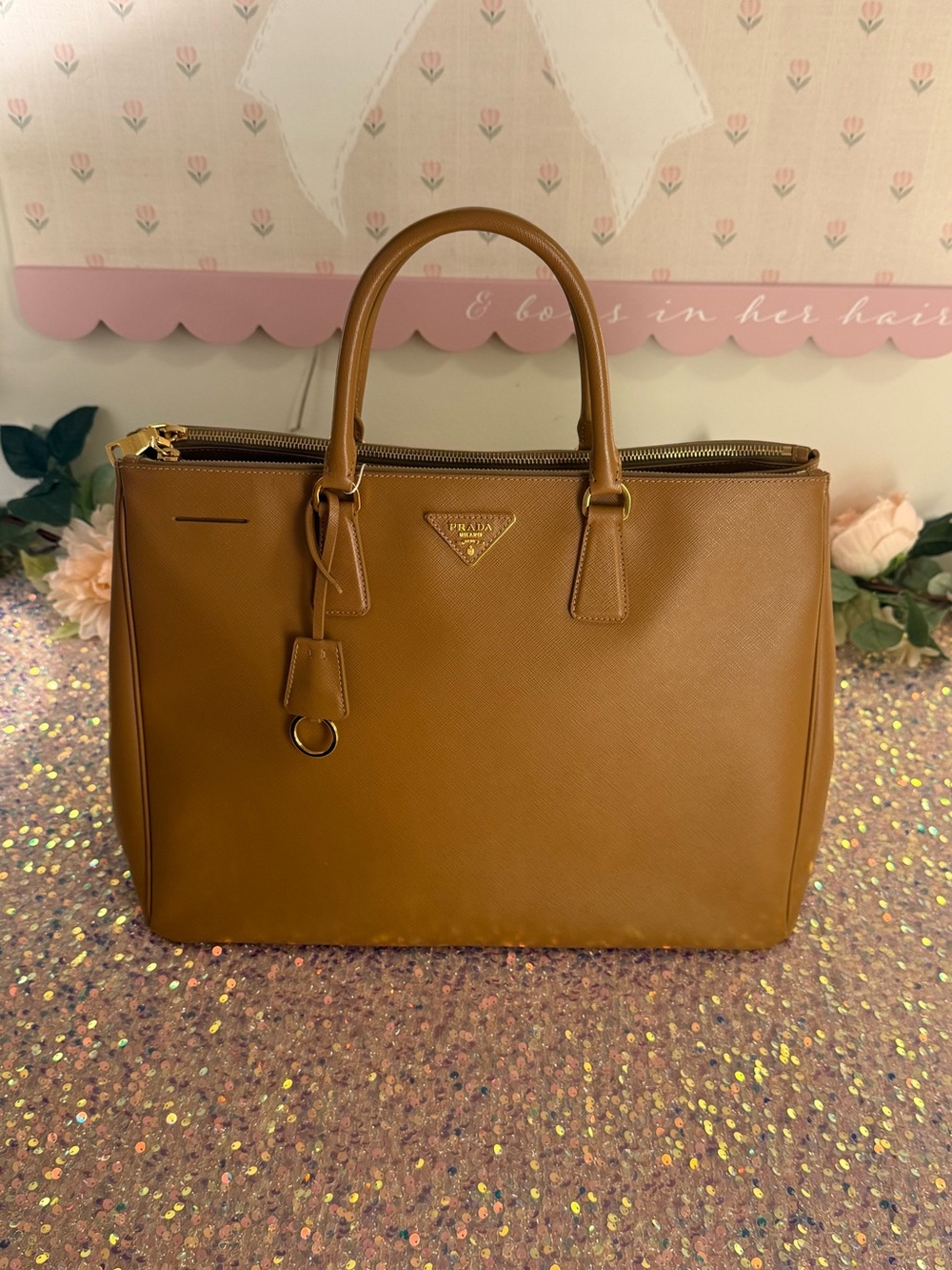 Authentic Prada Saffiano Lux XL Double Zip Executive Tote in Caramel - EUC